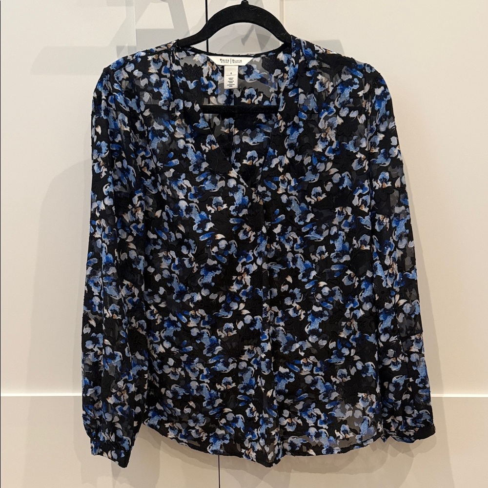 White House Black Market Abstract Blue and Black Floral Blouse